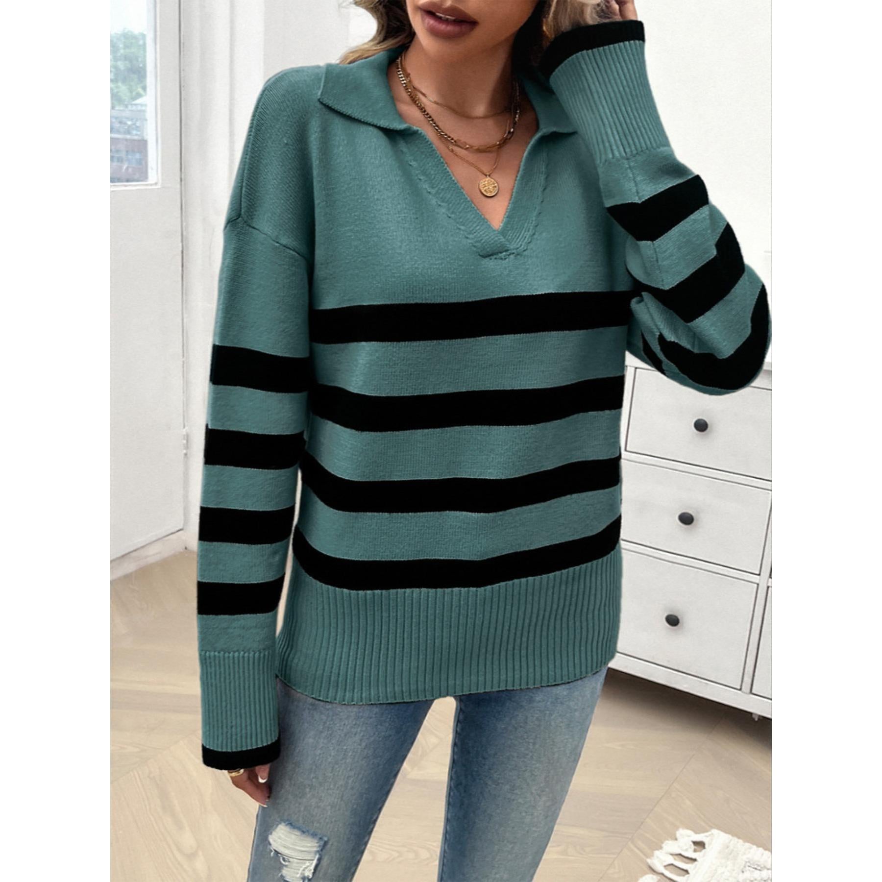 Women's Soft Ribbed Striped Polo Collar V-Neck Long-Sleeve Loose Drop-Shoulder Casual Pullover Tops - Fall Winter Sweaters, Striped Sleeve Pullovers