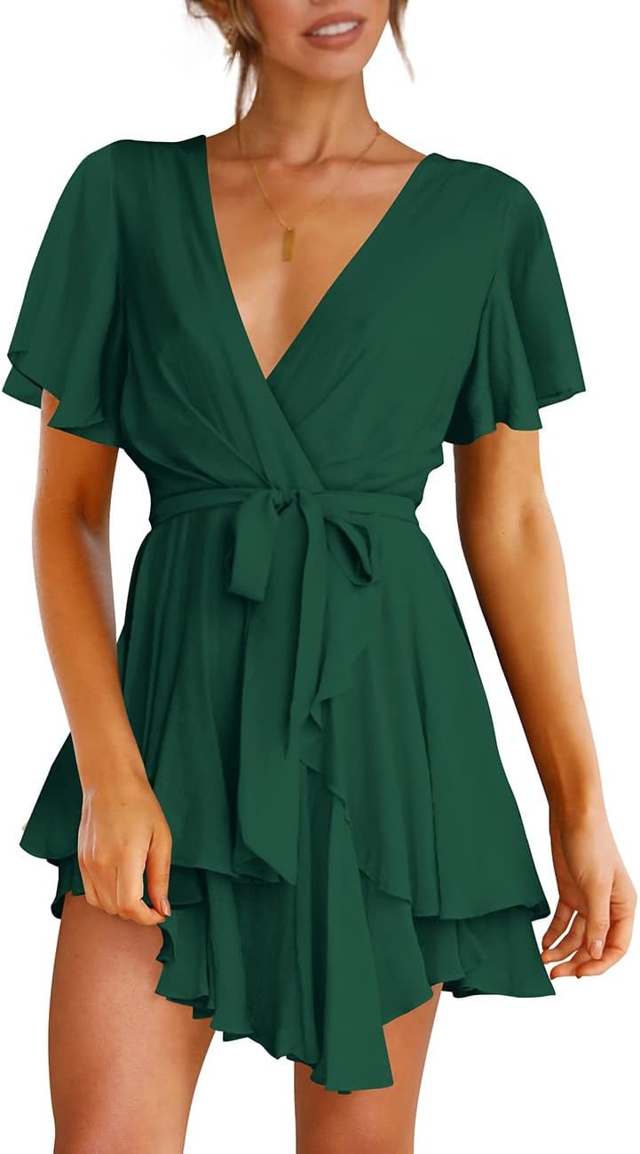 Women's Dress Deep V-Neck Long Sleeve Waist Tie Ruffle Mini Swing Skater Dresses