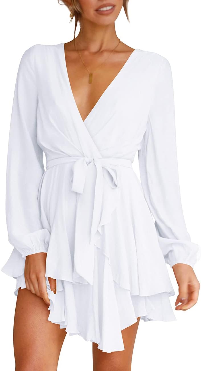 Women's Dress Deep V-Neck Long Sleeve Waist Tie Ruffle Mini Swing Skater Dresses