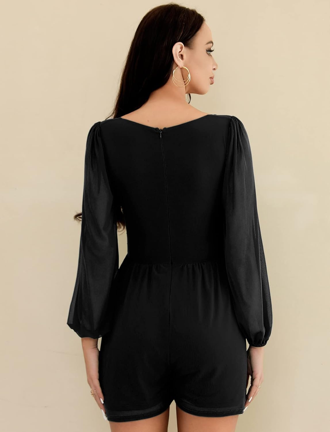 Women's Rompers Ruched Lantern Long Sleeve One Piece Outfit Solid Square Neck Shorts Jumpsuit