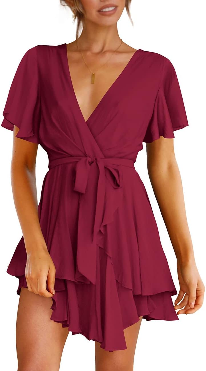 Women's Dress Deep V-Neck Long Sleeve Waist Tie Ruffle Mini Swing Skater Dresses