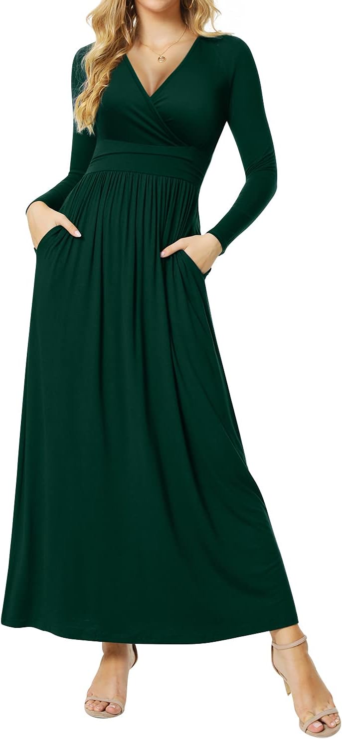 Women's Dresses Deep V-Neck Long Sleeve Empire Waist Long Dress Casual with Pockets