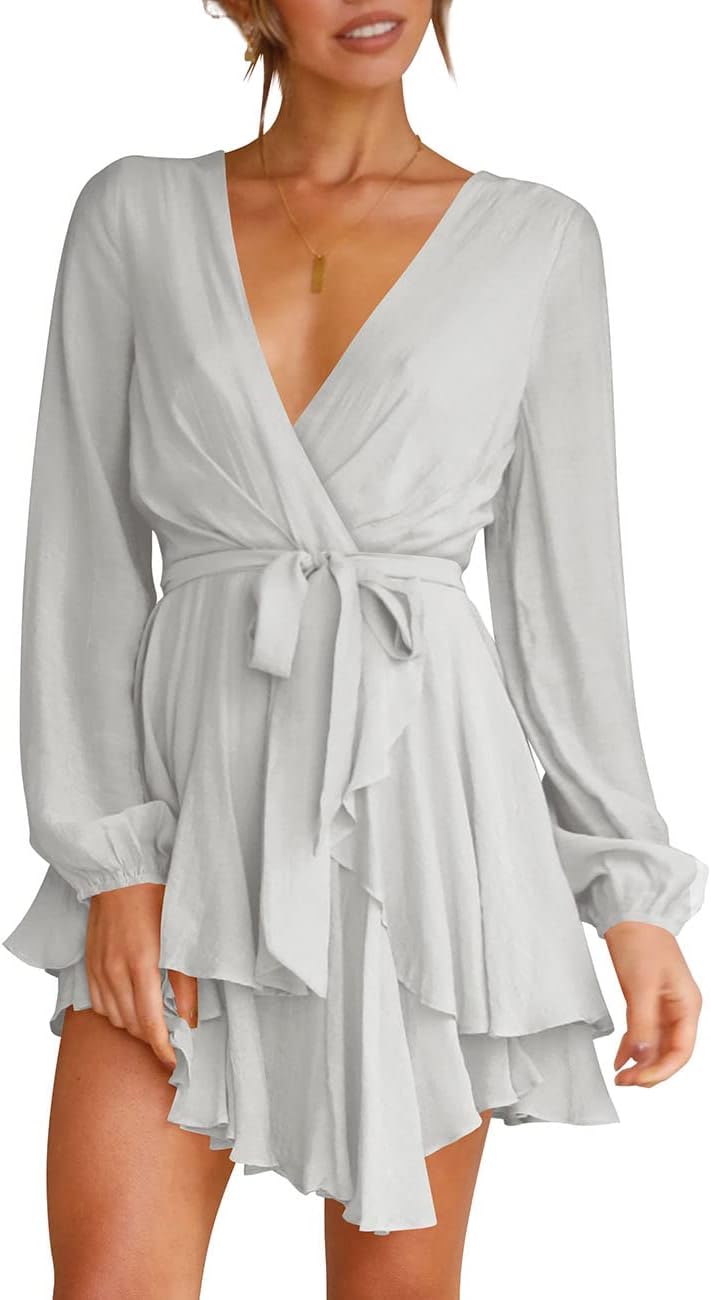 Women's Dress Deep V-Neck Long Sleeve Waist Tie Ruffle Mini Swing Skater Dresses