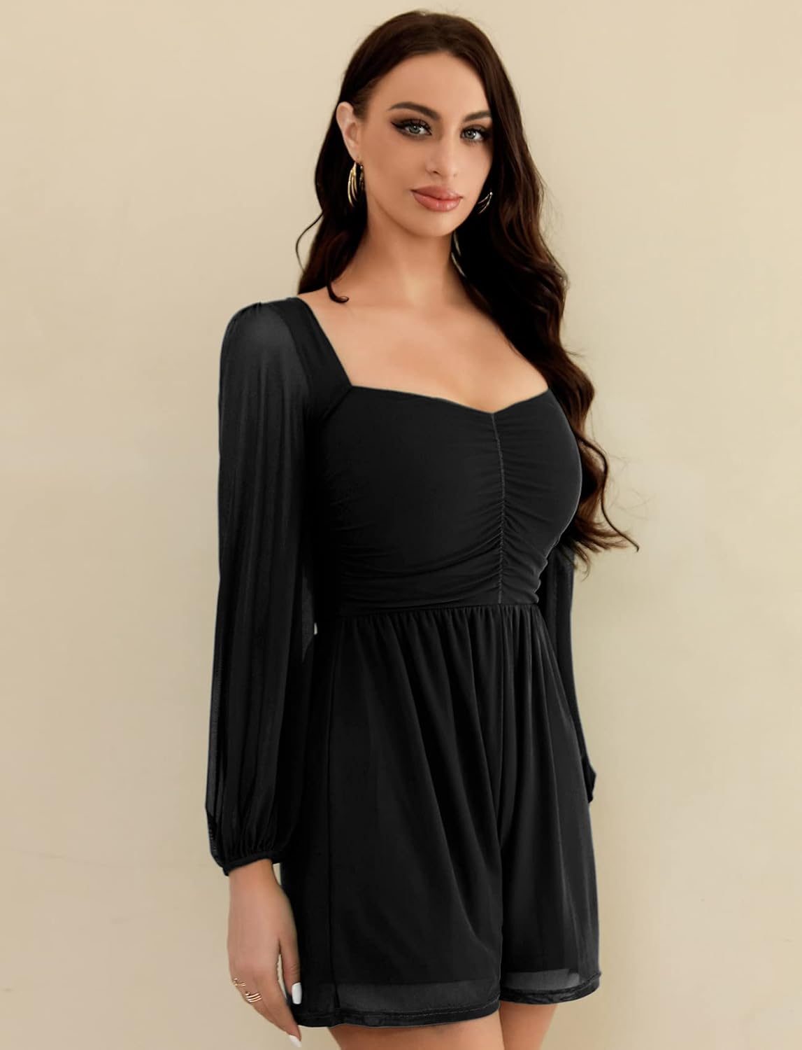 Women's Rompers Ruched Lantern Long Sleeve One Piece Outfit Solid Square Neck Shorts Jumpsuit