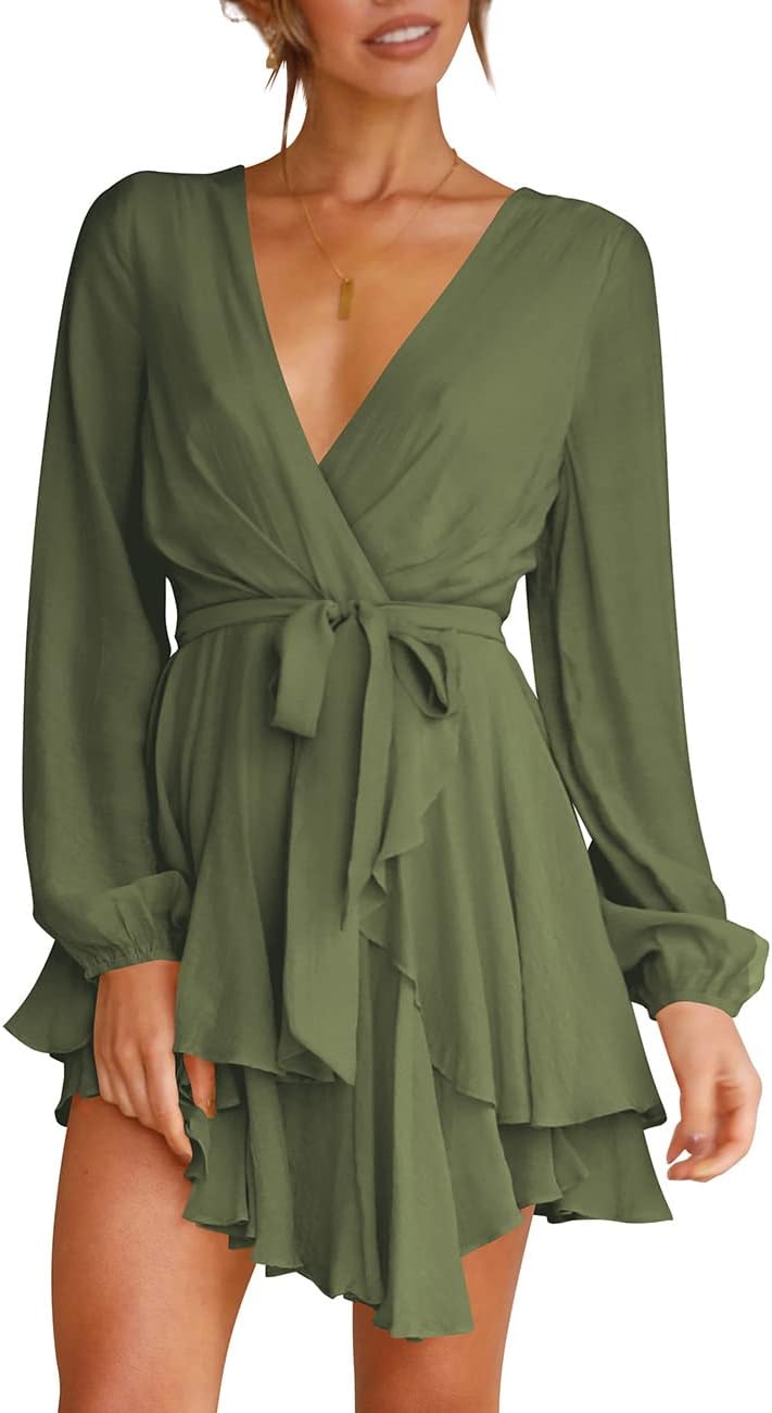 Women's Dress Deep V-Neck Long Sleeve Waist Tie Ruffle Mini Swing Skater Dresses