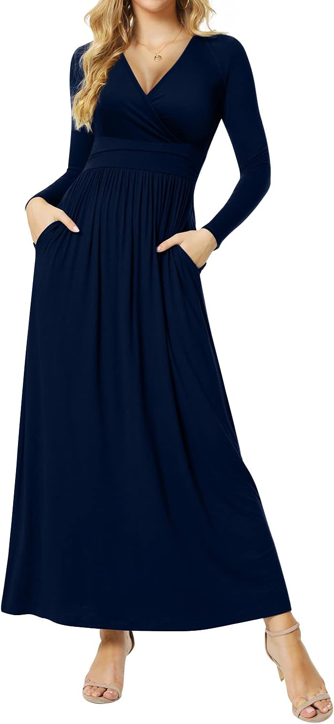 Women's Dresses Deep V-Neck Long Sleeve Empire Waist Long Dress Casual with Pockets