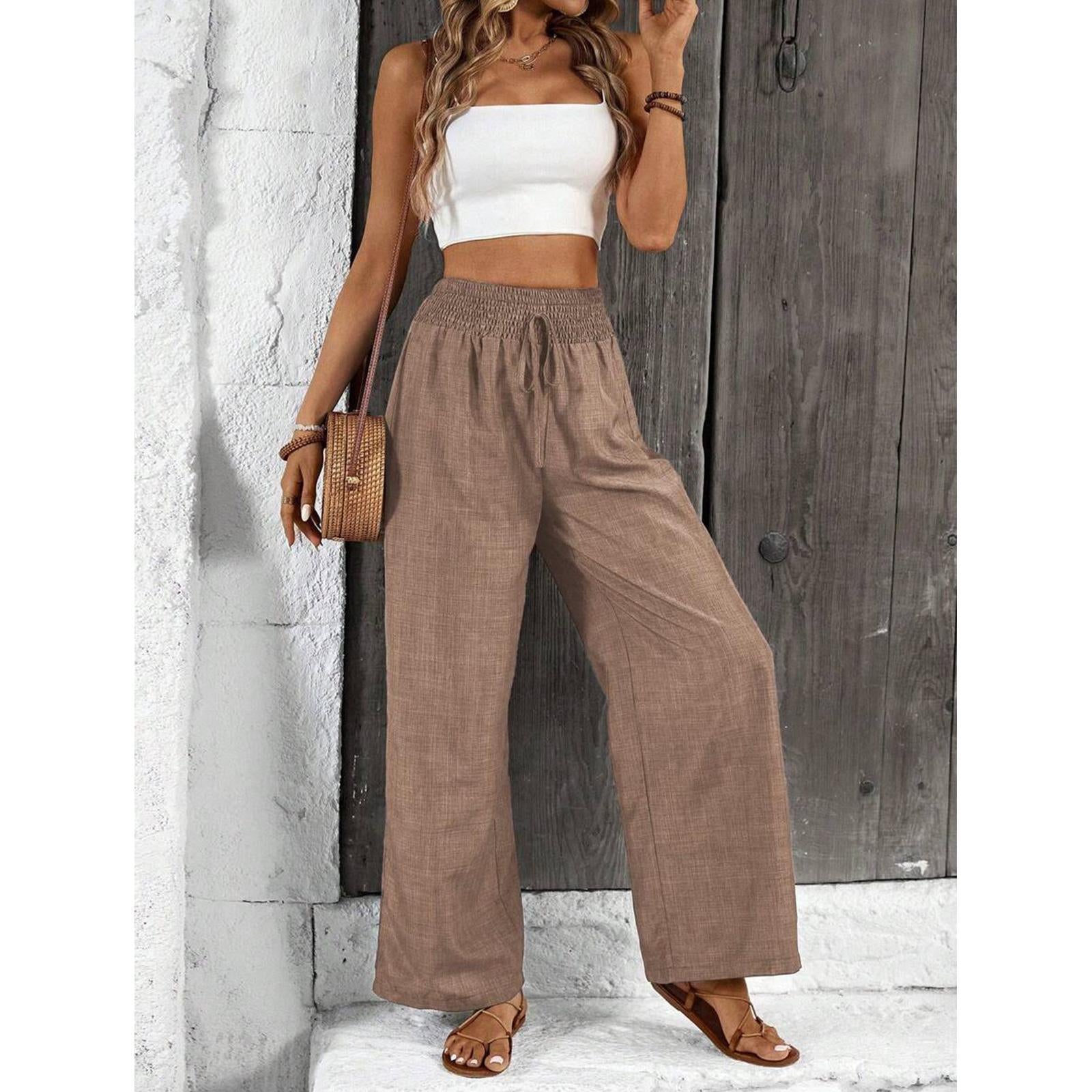 Women's Elastic High Waist Breathe-Fabric Wide Leg Pants - Adjustable Drawstring, Flowing Cut Casual Outfits Women Summer Beach Trousers