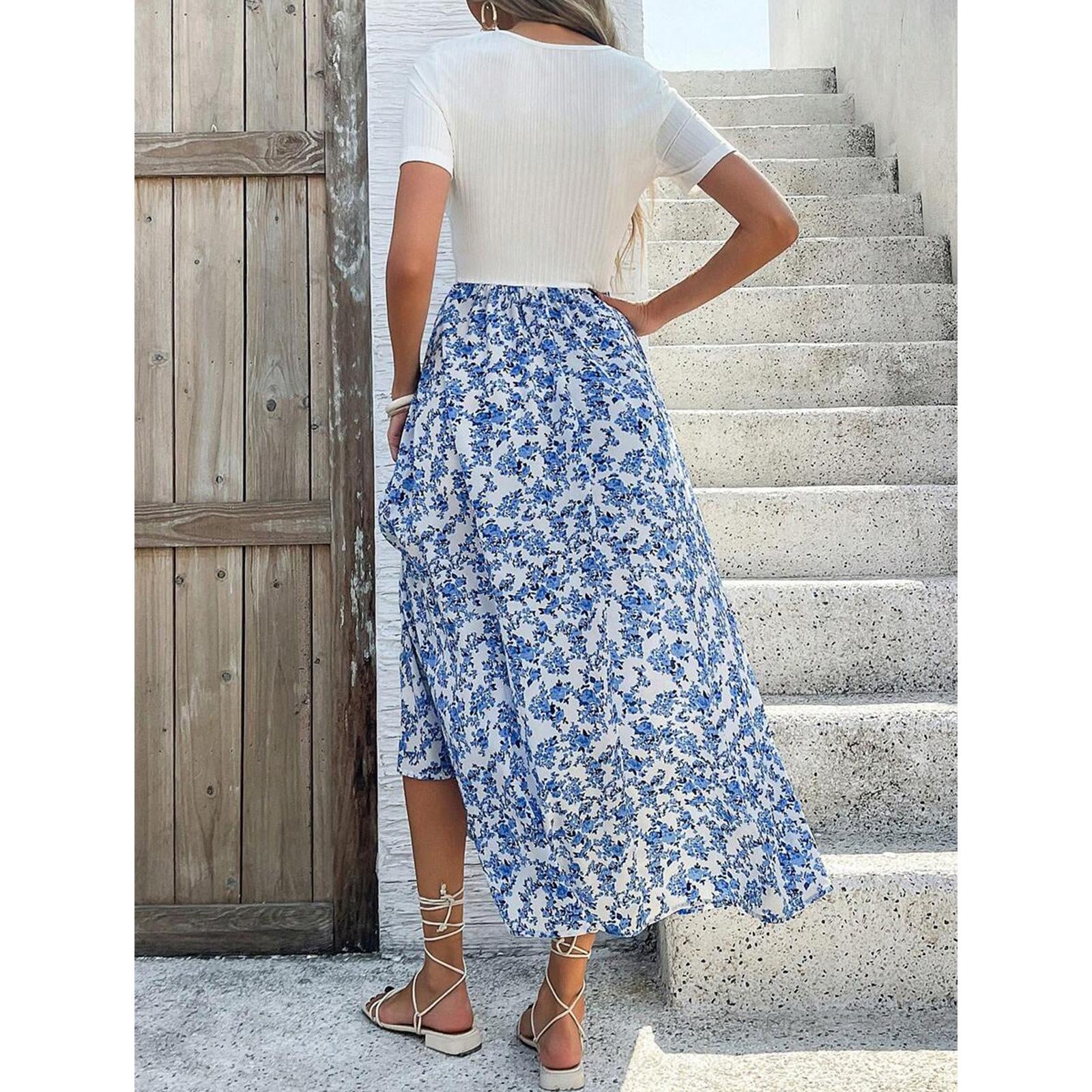Women's Square Neck Short Sleeve Ribbed Knit High Waist Flowy Boho Midi Dress - Floral Accents Casual Dresses for Daily, Holiday Wear, Women's Dresses