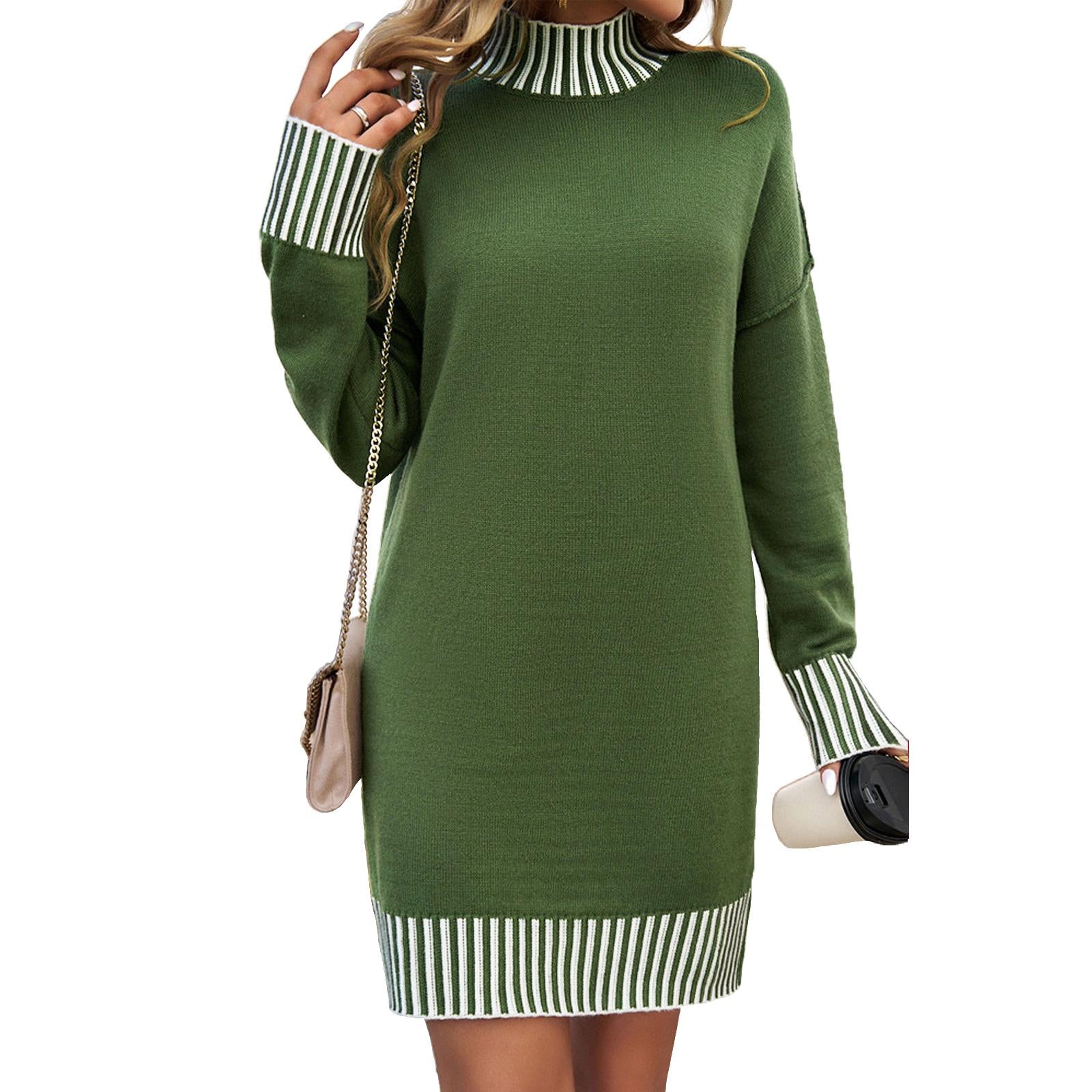 Women's Casual Turtleneck Striped Color Block Knit Mini Dress - Long Sleeve, Loose, Lightweight, Soft, Simple Solid Bottom Dress for Fall Winter, Coat-Friendly Outdoor Wear