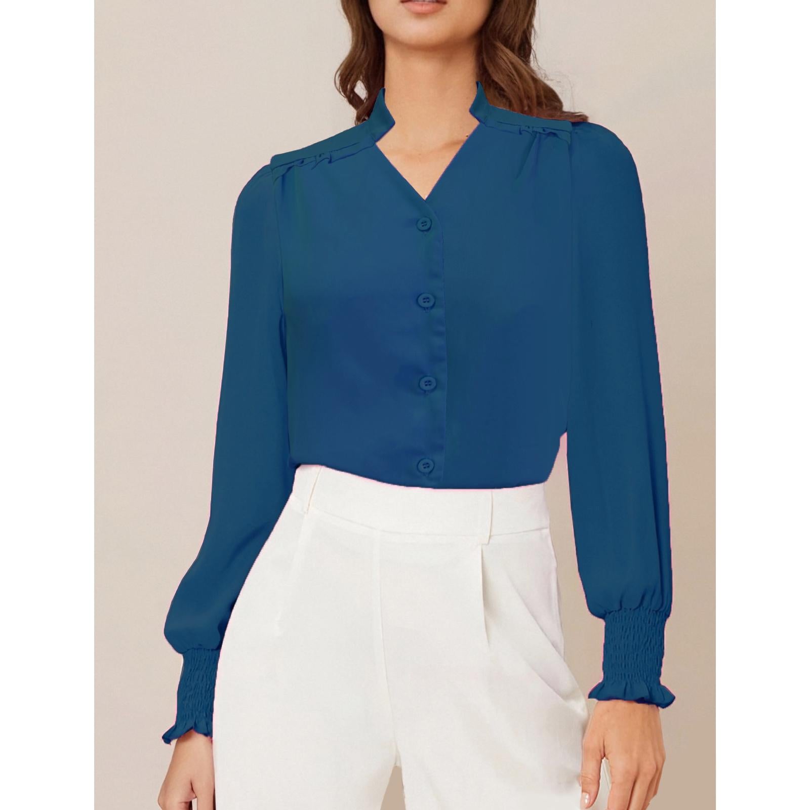 Women's V-Neck Ruffle Collar Long Sleeve Blouse, Smocked Cuff Button Down Puff Sleeve Elegant Work Chiffon Top