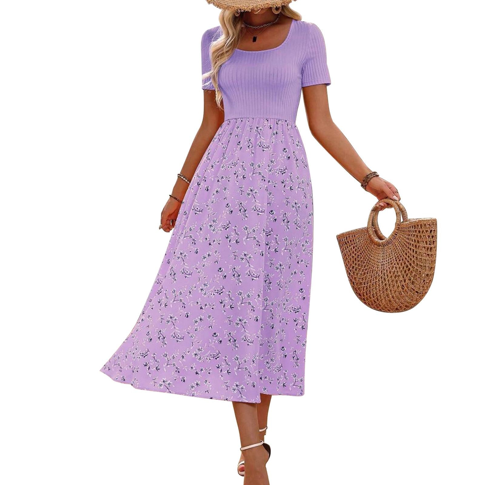 Women's Square Neck Short Sleeve Ribbed Knit High Waist Flowy Boho Midi Dress - Floral Accents Casual Dresses for Daily, Holiday Wear, Women's Dresses