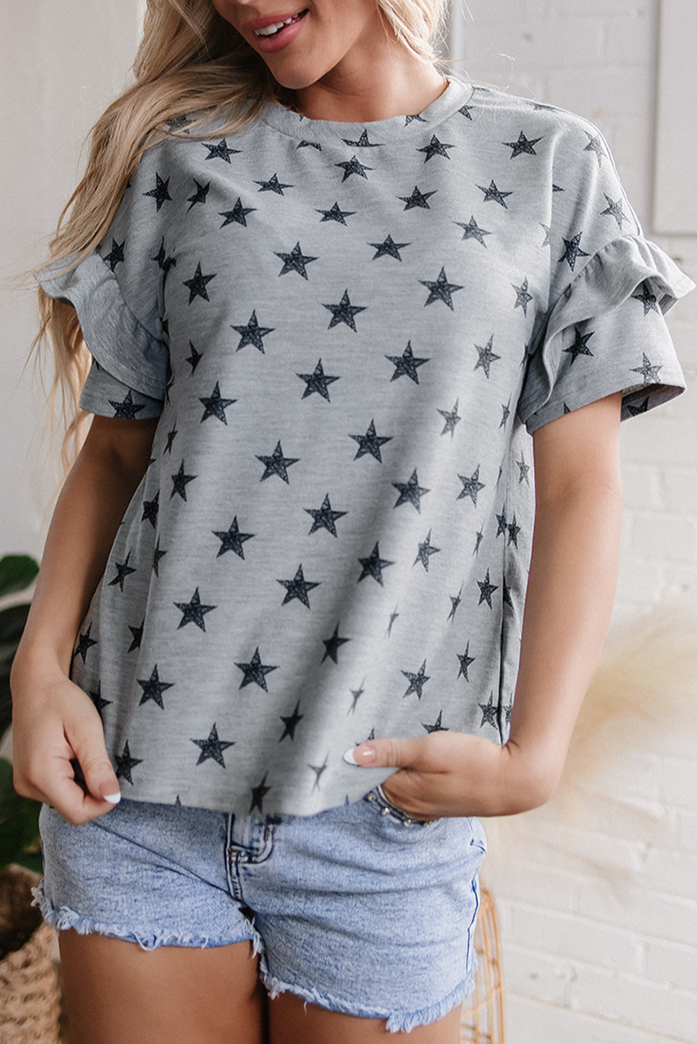 Gray Star Print Tiered Ruffled Sleeve Crew Neck T Shirt