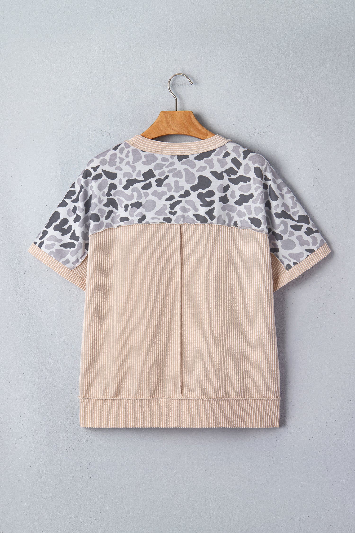 Gray Camouflage Print Twisted Ribbed Patchwork Casual T Shirt