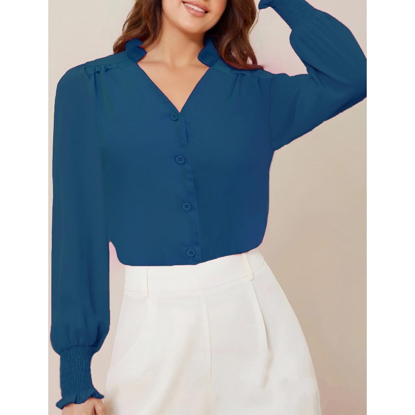Women's V-Neck Ruffle Collar Long Sleeve Blouse, Smocked Cuff Button Down Puff Sleeve Elegant Work Chiffon Top