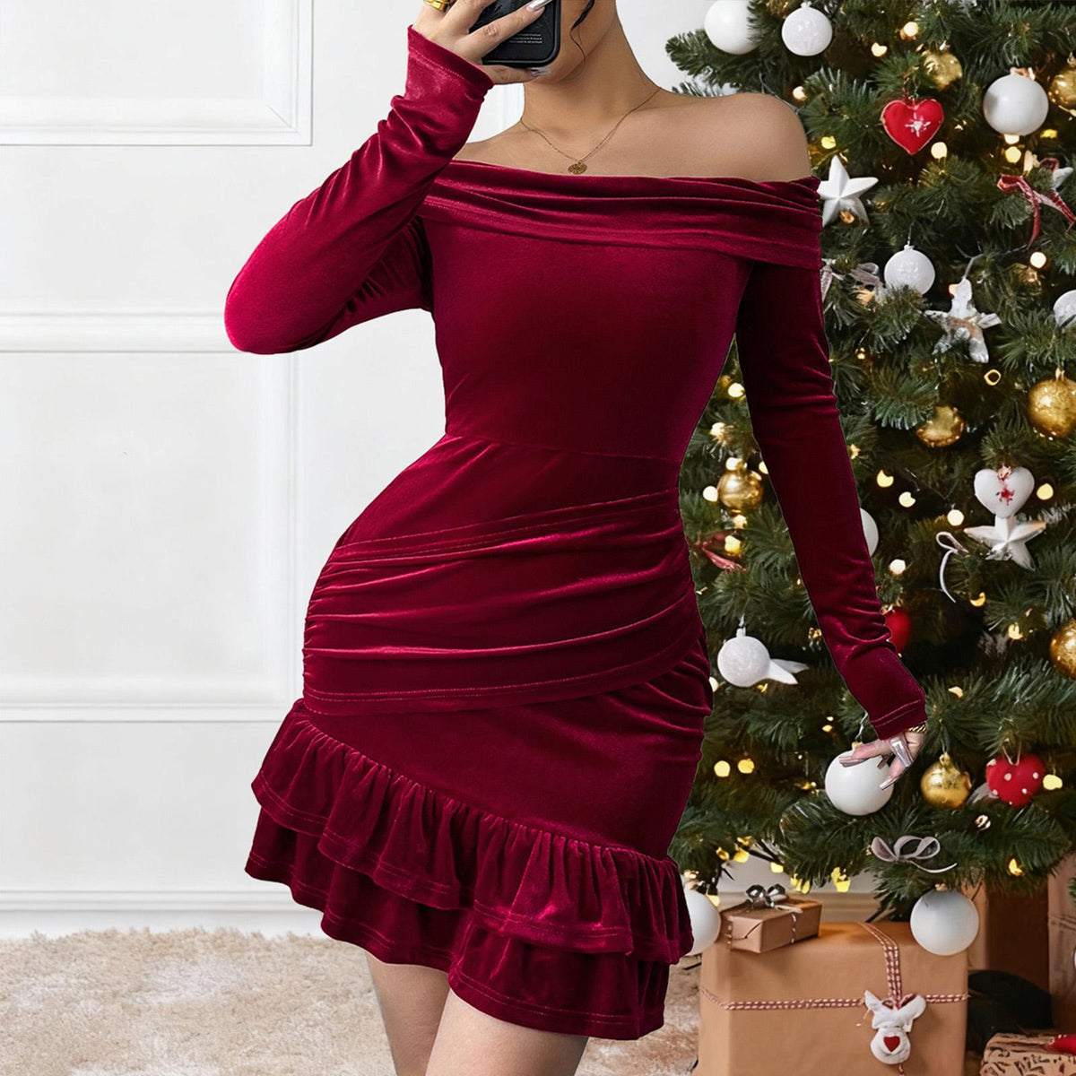 Women’s Burgundy Velvet Off-Shoulder Long-Sleeve Ruffle Hem Mini Formal Party Dress - For Christmas, New Year’s Eve