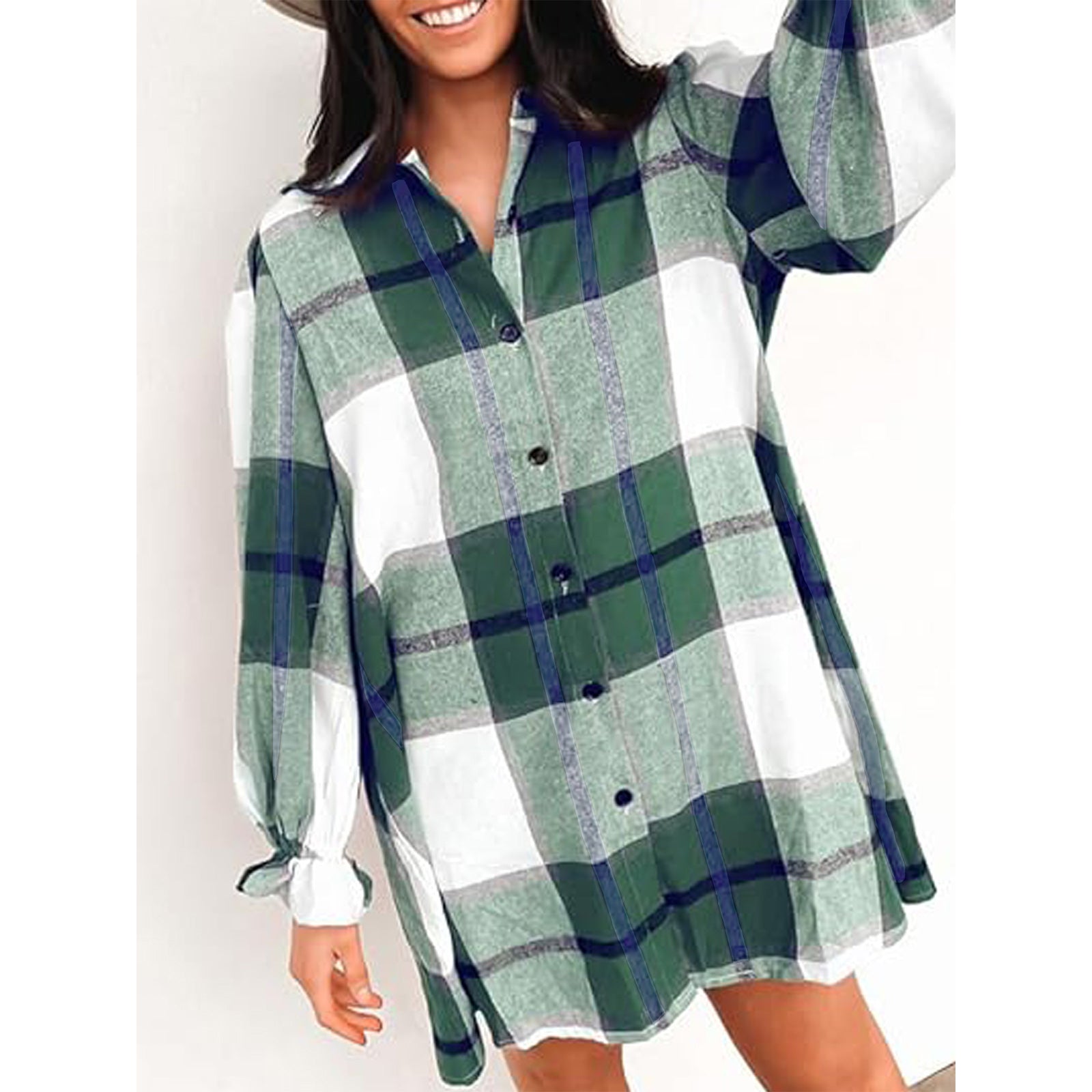 Women's Long Sleeve Flannel Plaid Button Down Shirts Lapels Casual Blouse