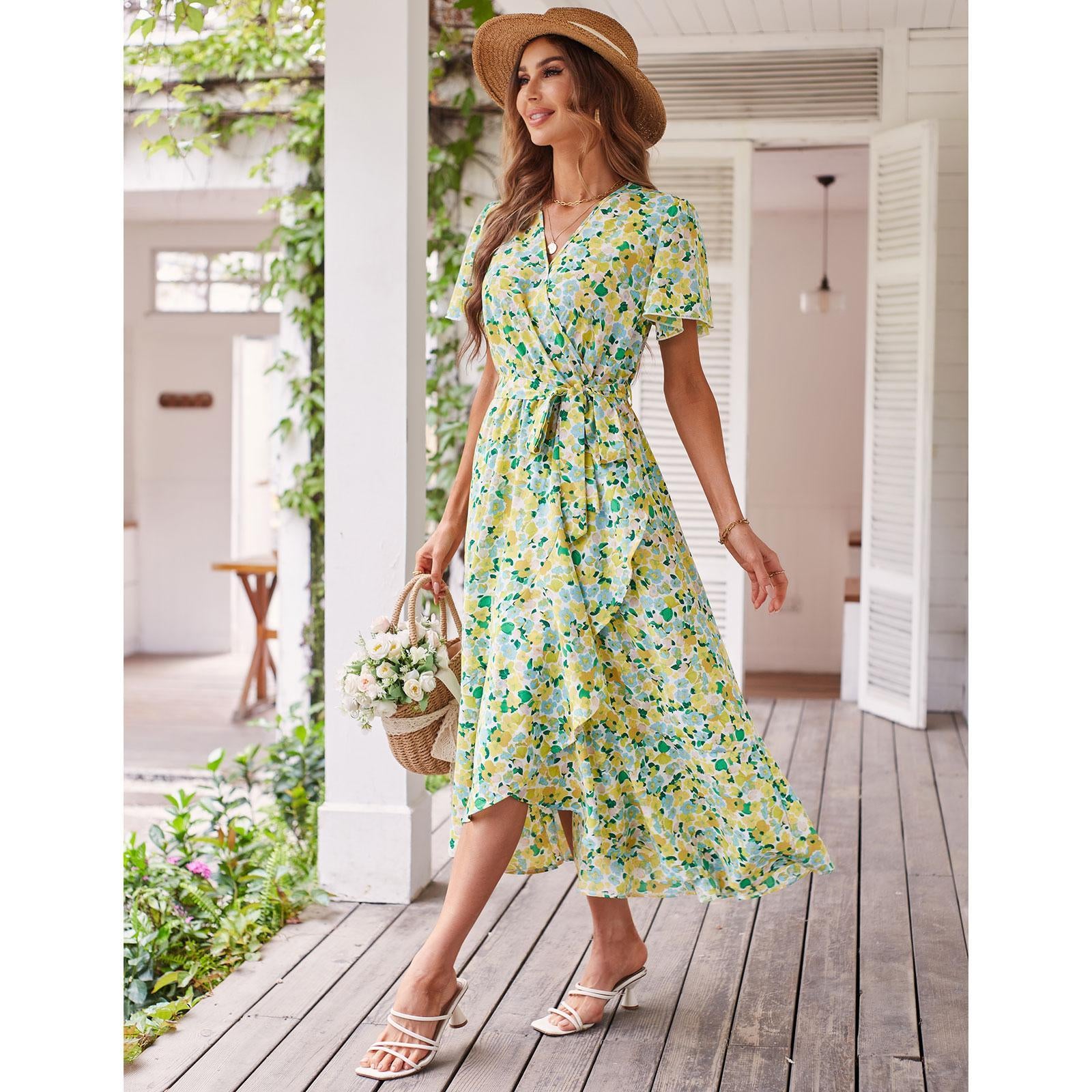 Women's Fitted V-Neck Floral Wrap Casual Midi Dress - Flutter Short Sleeves, Tie Waist, Irregular Ruffle Hem, Gorgeous Bohemian Fabric for Summer Beach Wear