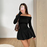 Women's Soft Elastic Off-the-Shoulder Long-Sleeve Mini Dress - Ruched Waist, Bubble Hem, Thumb Hole, Casual Sexy Party Club Wear