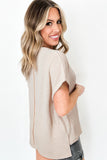 Pale Khaki Solid Color Textured Seamed Short Sleeve Top