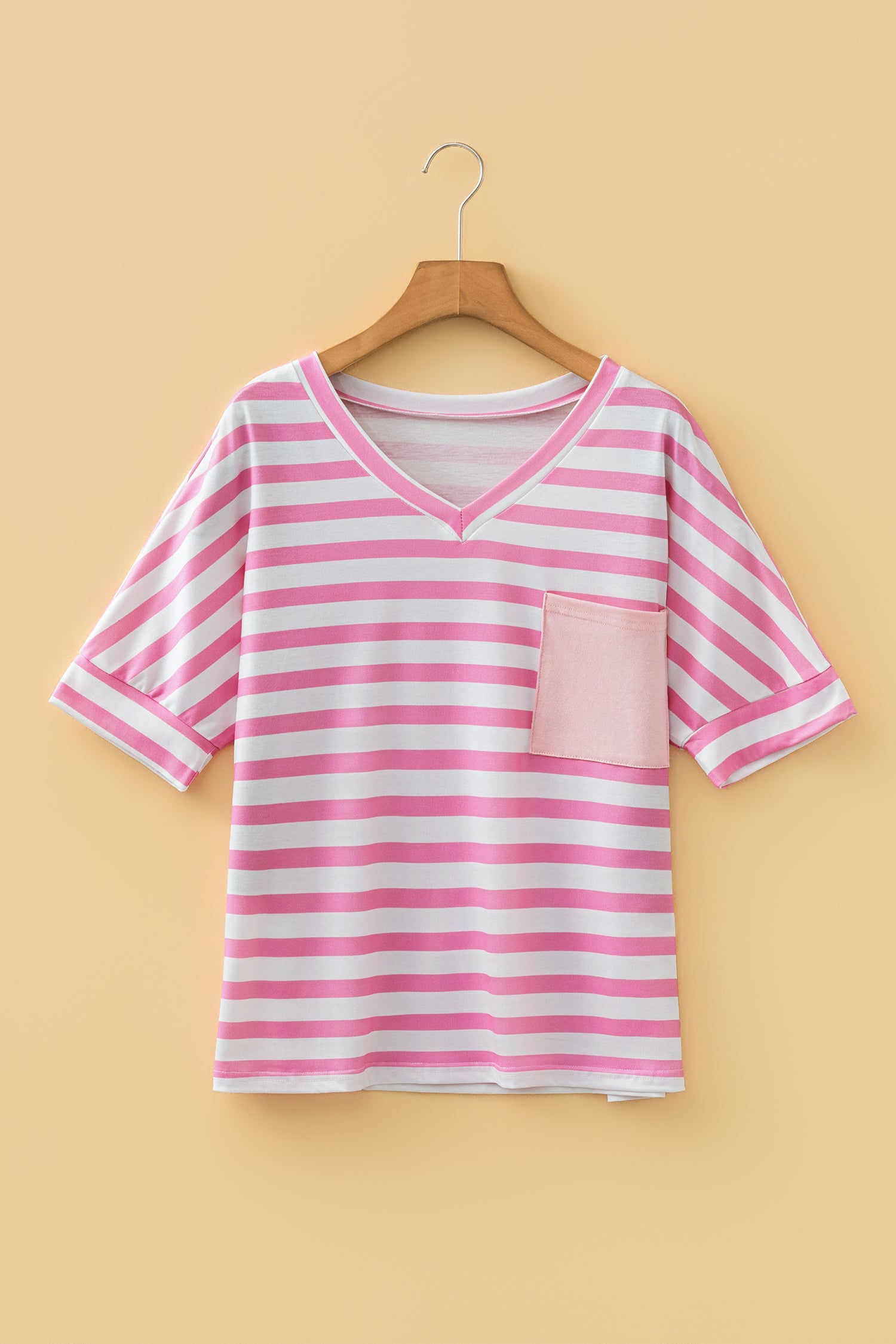 Pink Stripe V Neck Patched Pocket Casual T Shirt