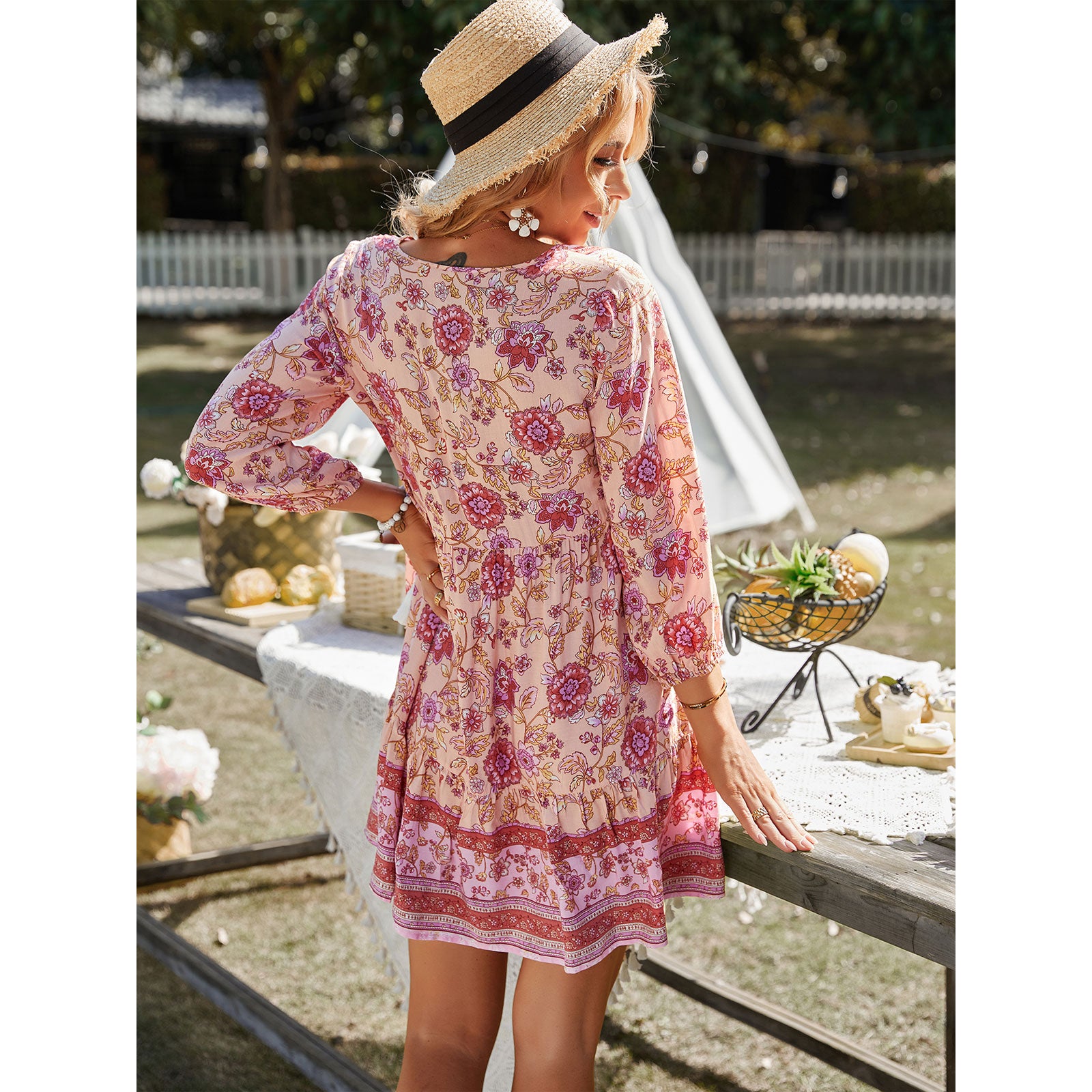 Women's Retro Bohemian Beach Casual Mini Dress - V-Neck, 3/4 Puff Sleeves, Lightweight Soft Elastic Ruffle Tiered Flowy Floral Print, Button Tassel Tie Breathable Summer Dress