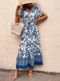 Women's Polyester Boho Floral Graphic Casual Dress - Short Sleeve, V-Neck, Adjustable Waist, Ruffle Hem - Summer Vacation Wear, Floral Graphic Casual Dresses
