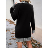 Women's Casual Turtleneck Striped Color Block Knit Mini Dress - Long Sleeve, Loose, Lightweight, Soft, Simple Solid Bottom Dress for Fall Winter, Coat-Friendly Outdoor Wear