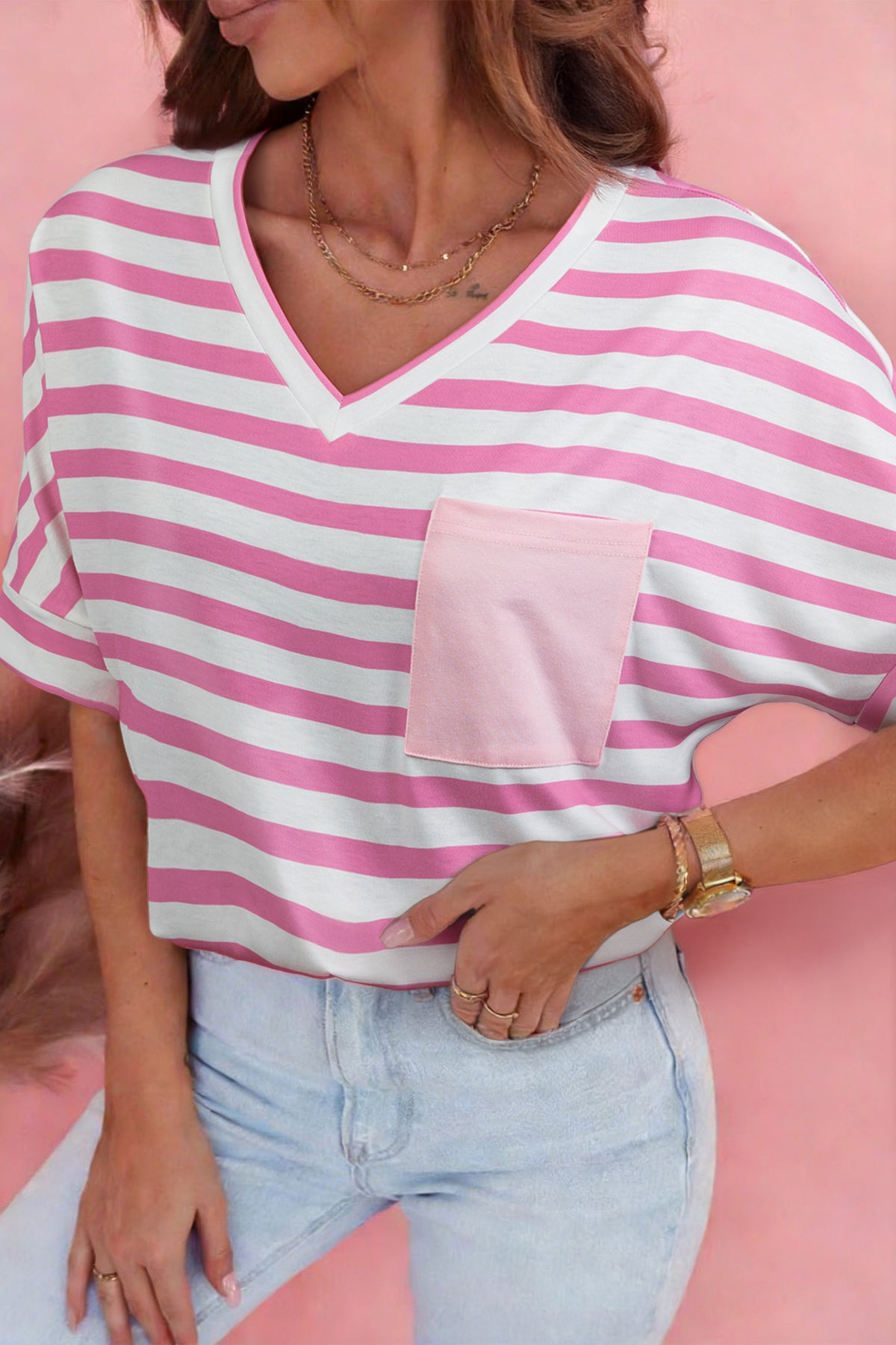 Pink Stripe V Neck Patched Pocket Casual T Shirt
