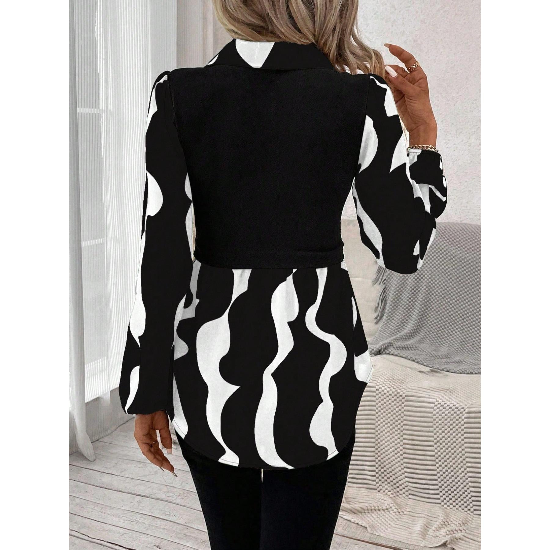 Lady's Ribbed Basic Chic Fabric Fake 2-Piece Peplum Blouse - Collared Puff Long Sleeve Print Patchwork Tunic Top, Elegant Casual Fall Womenswear