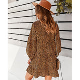 Women's Soft Lightweight Feminine Elastic Bohemian Leopard Speckled Print Long Lantern Sleeve V-Neck Tiered Ruffle Mini Dress - Comfortable Fit, Hip-Loose Flowy Tunic, Casual Wear for Day, Vacation