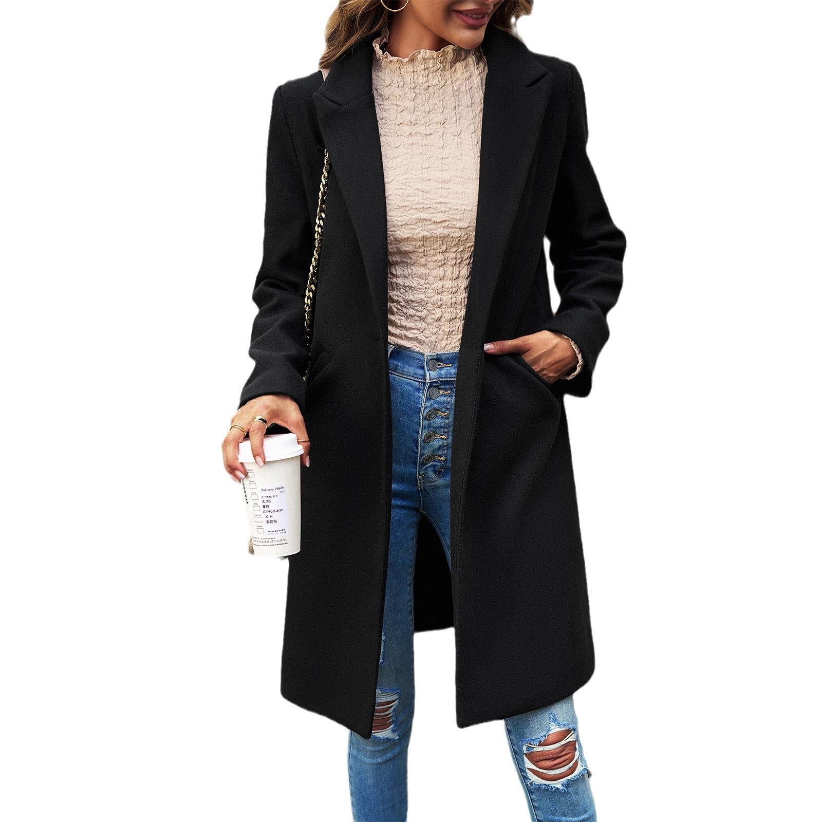 Women Lapel Open Front Mid Length Wool Blend Coat, Elegant Long Sleeve Casual Outerwear for Fall Winter, 2 Colors Wine Red / Black