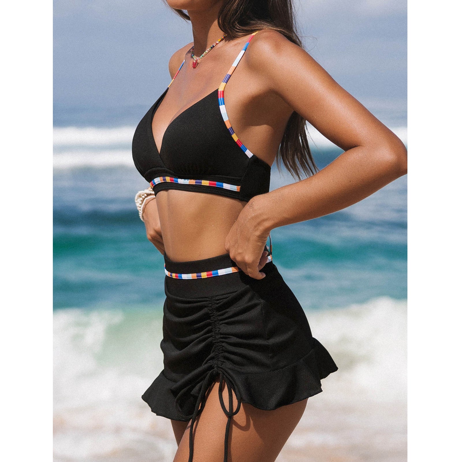 Solid Color Sexy Gathering Skirt Fashionable Women's Split Swimsuit