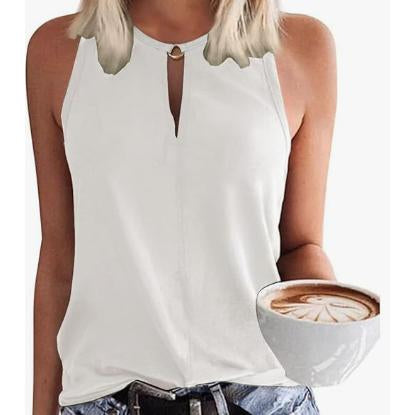 Women's Keyhole Metal Ring Neck Sleeveless Tank Top, Casual Loose Fit Summer Solid Color Basic Halter Tank Shirts