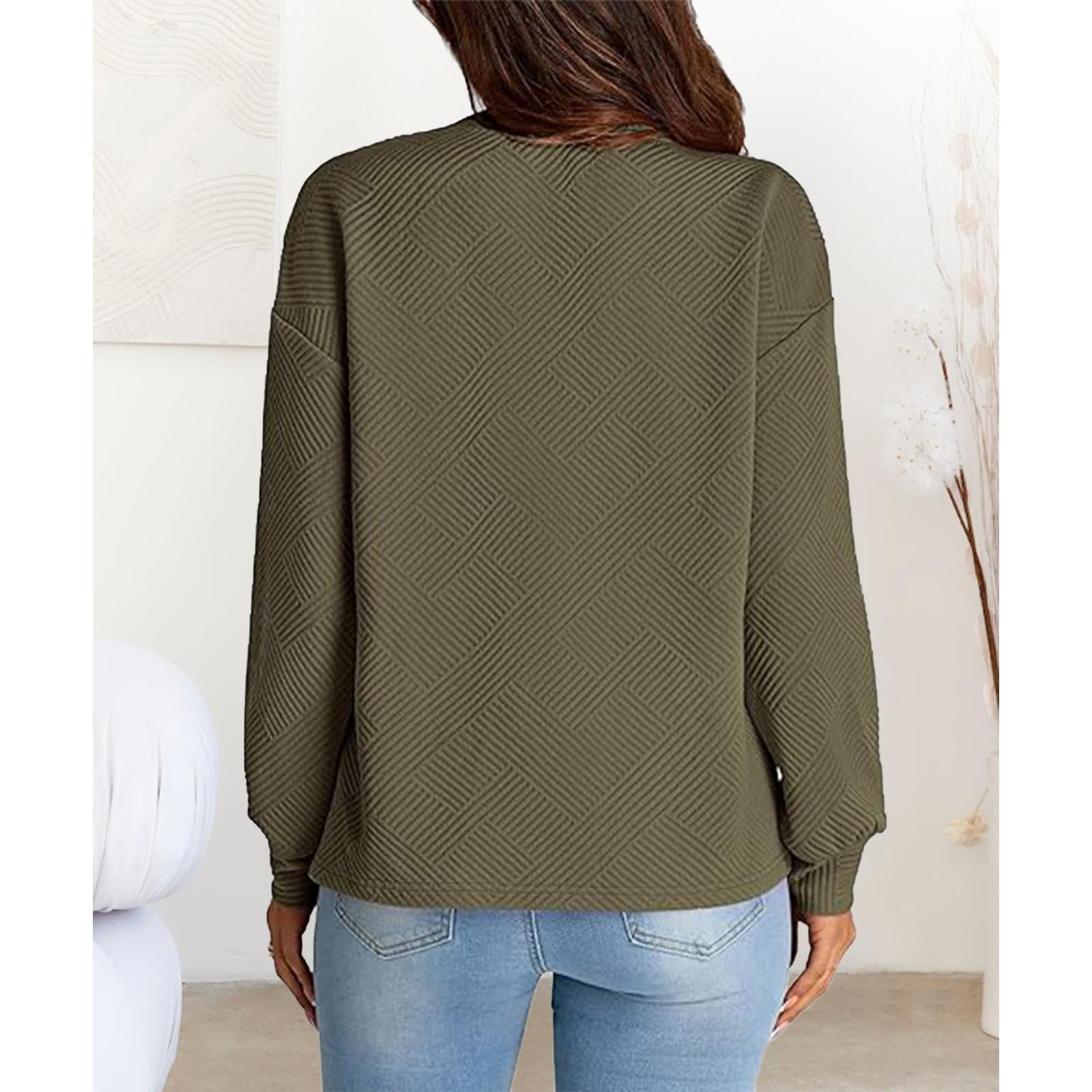 Women's Simple Soft Woven Geometric Jacquard Fabric Crew Neck Sweatshirt - Loose Drop Shoulder Long Sleeve Pullover with Ribbed Details, Casual Fall Basic Top