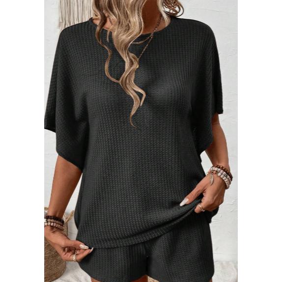Women's 2-Piece Oversized Lightweight Basic Loose Waffle Knit Loungewear Set - Round Neck Batwing Sleeve Top, Adjustable Drawstring Elastic Shorts for Beach, Nightwear Tracksuit