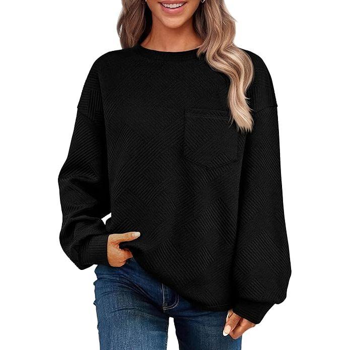 Women's Simple Soft Woven Geometric Jacquard Fabric Crew Neck Sweatshirt - Loose Drop Shoulder Long Sleeve Pullover with Ribbed Details, Casual Fall Basic Top