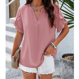 Women Split V Neck Ruffle Short Sleeve Blouse, Loose Flowy Solid Color Summer Chiffon Tunic Top Casual Stand Collar Shirt