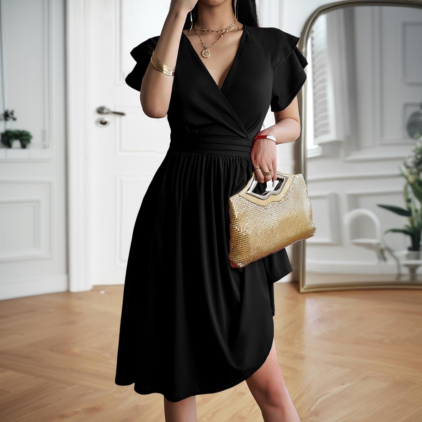 Women's Minimalist Soft Wrap V-Neck Ruffle Sleeve High-Waist Flared A-Line Midi Dress - Solid Color Elegant Chic Casual Wear Cocktail Dress with Hip-Flattering Skirt