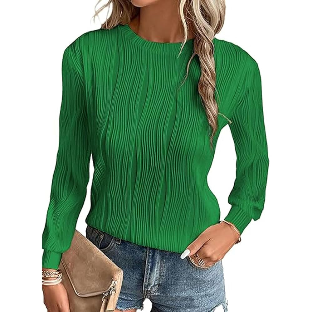 Women Wavy Textured Crew Neck Long Sleeve Top, Casual Lantern Sleeve Loose Fit Solid Color Basic Blouse, Fall Daily Wear Shirts