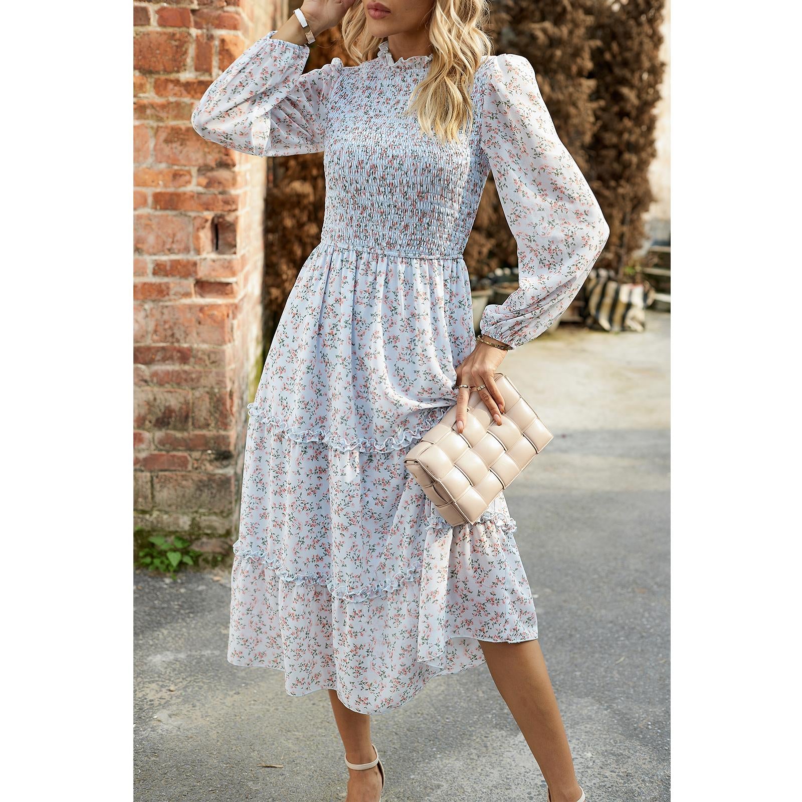 Women's Ditsy Floral Chiffon Midi Dress, Long Sleeve High Neck Smocked Tiered Ruffle Flowy Boho Dress for Spring Fall