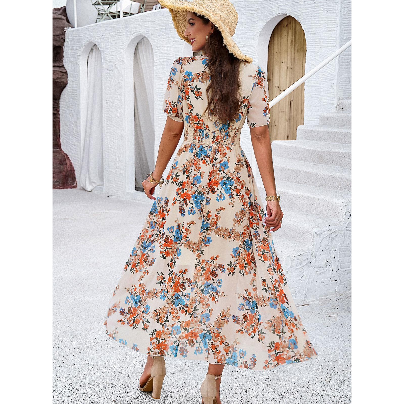Lady's Elegant Casual Polyester Dress - Short Sleeves, V-Neck, Ditsy Floral Print, A-Line, Bohemian Style, Pull-On, Machine Washable Casual Wear for Summer Vacation Beach