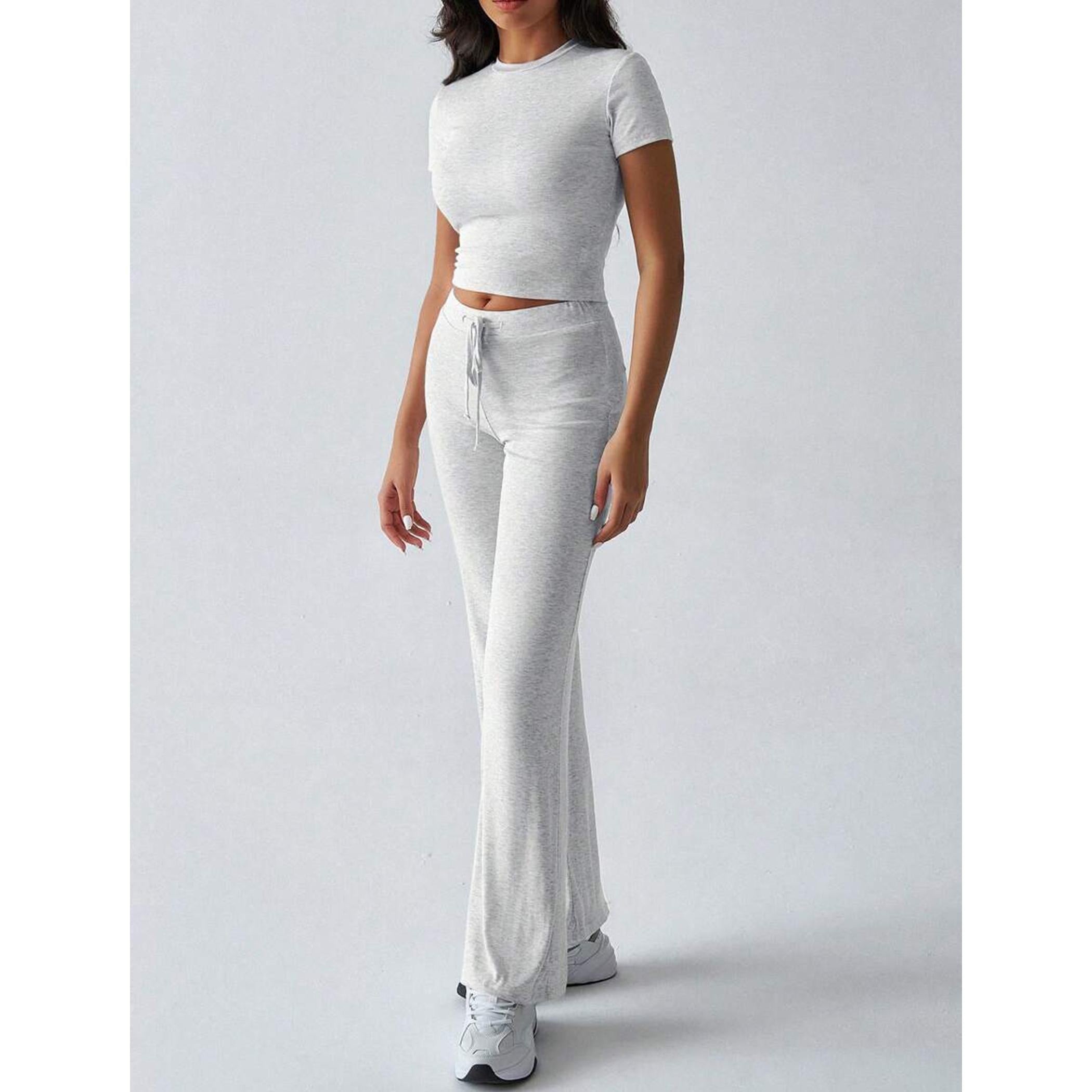Women's 2-Piece Casual Tracksuit, Short Sleeve Crop Top & High Waist Flare Pants, 2 Piece Sets Women