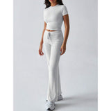 Women's 2-Piece Casual Tracksuit, Short Sleeve Crop Top & High Waist Flare Pants, 2 Piece Sets Women