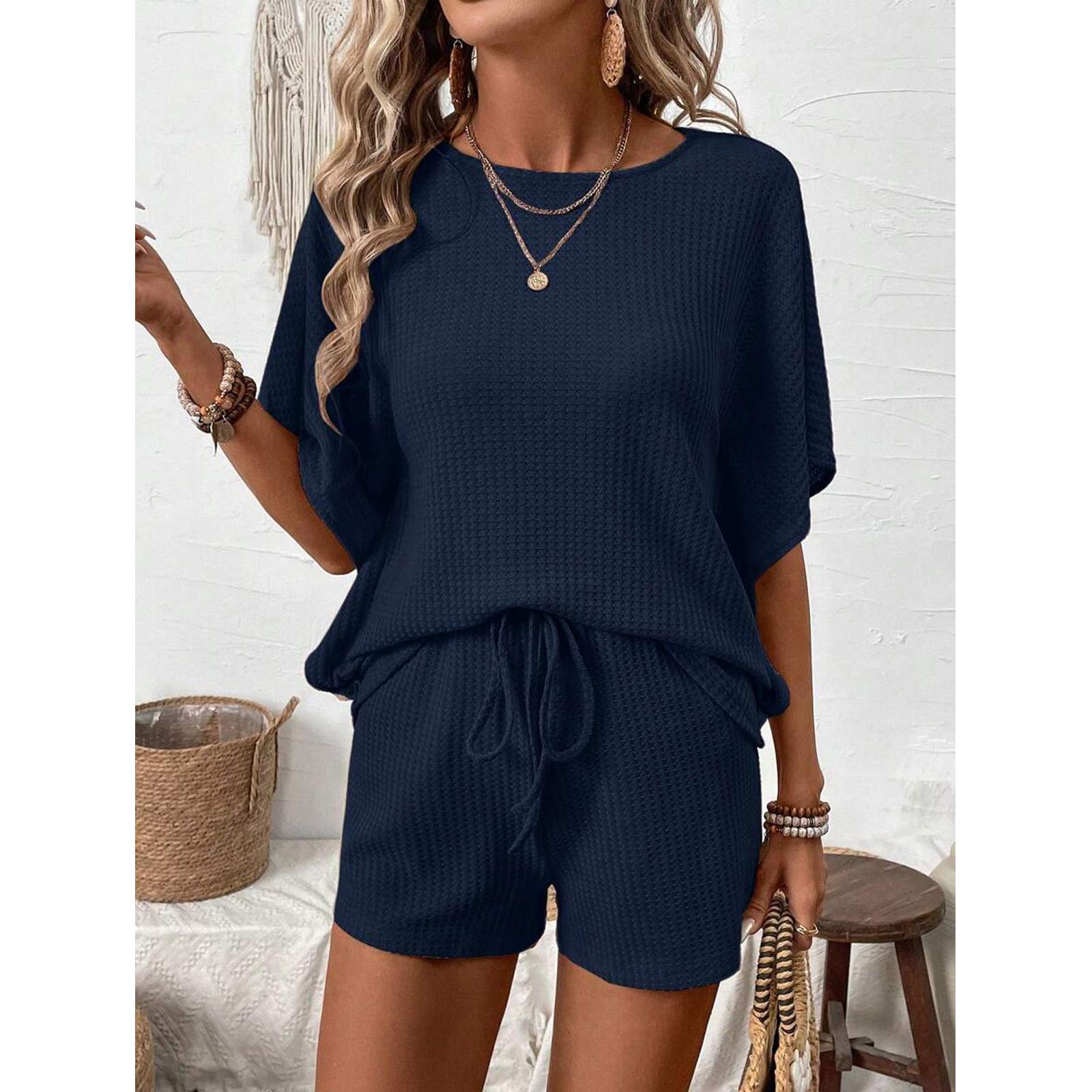 Women's 2-Piece Oversized Lightweight Basic Loose Waffle Knit Loungewear Set - Round Neck Batwing Sleeve Top, Adjustable Drawstring Elastic Shorts for Beach, Nightwear Tracksuit