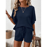 Women's 2-Piece Oversized Lightweight Basic Loose Waffle Knit Loungewear Set - Round Neck Batwing Sleeve Top, Adjustable Drawstring Elastic Shorts for Beach, Nightwear Tracksuit