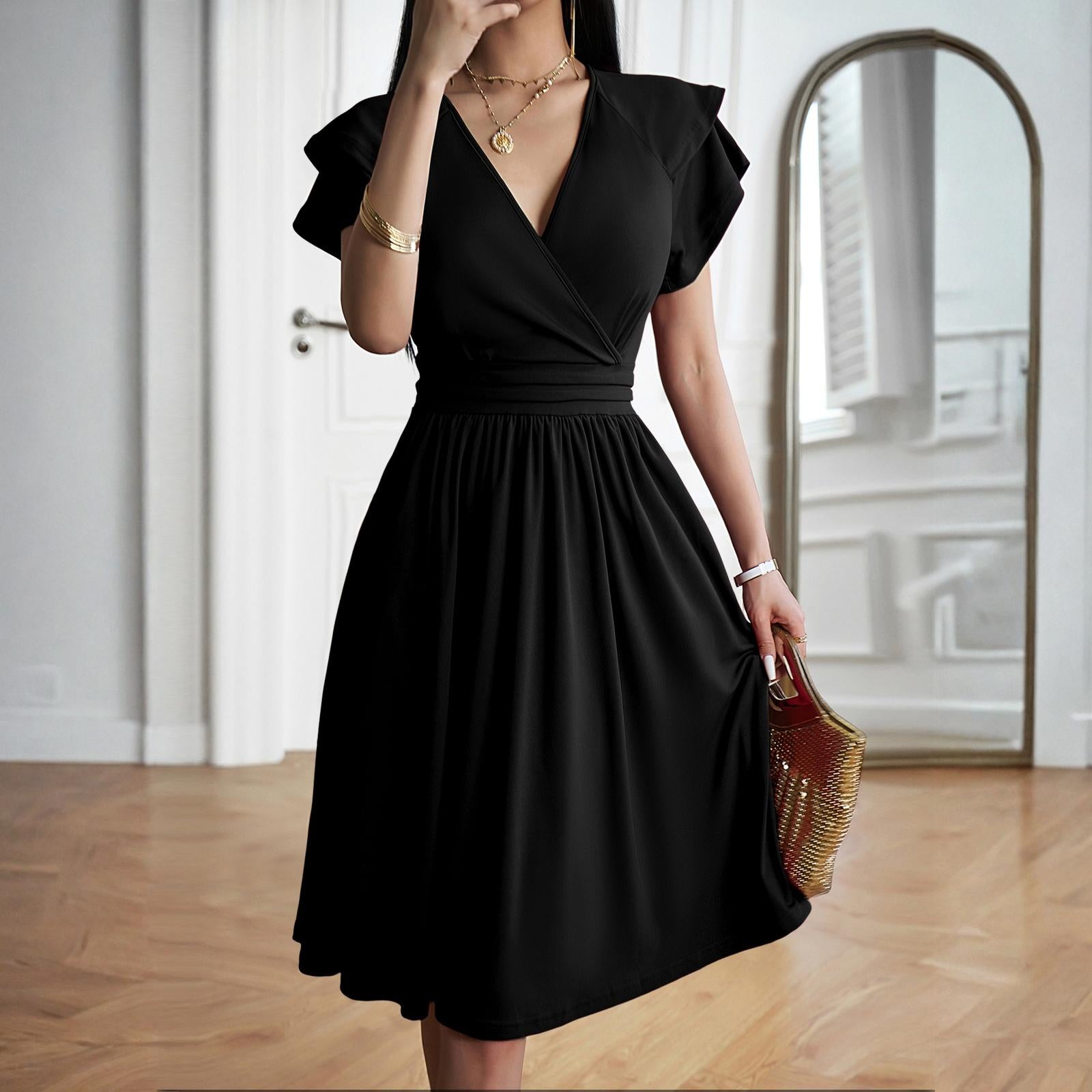 Women's Minimalist Soft Wrap V-Neck Ruffle Sleeve High-Waist Flared A-Line Midi Dress - Solid Color Elegant Chic Casual Wear Cocktail Dress with Hip-Flattering Skirt