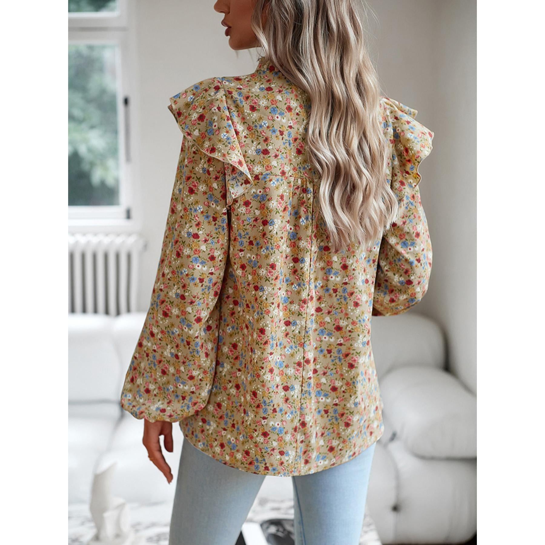Women's Gorgeous Ditsy Floral Print Polyester Blouse - Smocked Mock Neck, Ruffle Balloon Long Sleeves, Everyday Bohemian Casual Shirt