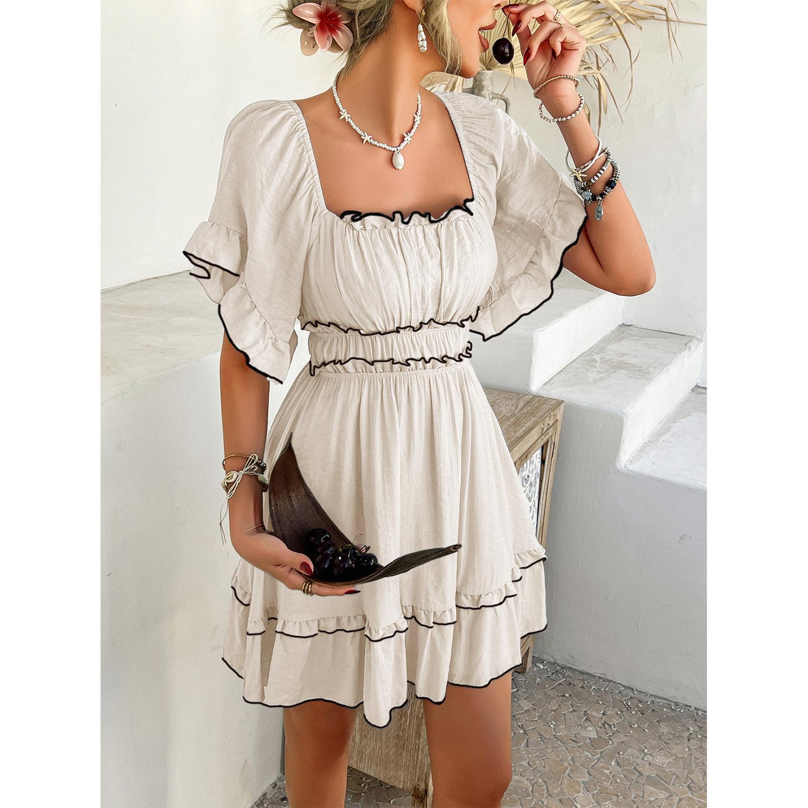 TCIFE Women's Sexy Fitted Square Neck Flutter Short Sleeve Smocked Waist A-Line Boho Tiered Cocktail Mini Dress - Breathable Fabric, Backless Open, Casual 1-Piece Vacation Party Black Clothing