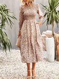 Women's Chic Traditional Colorful Flower Print Casual Boho Ruffle A-Line Mid-Length Dress - Round Neck, Shirred, Beach Wear, Womens Dresses,sohochic