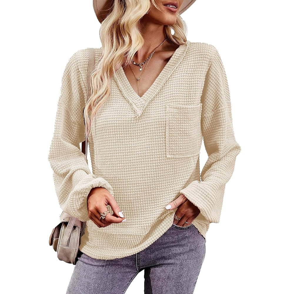 Women's Waffle Knit Raw Edge V-Neck Long Sleeve Blouse with Balloon Cuffs, Casual Loose Fit, Chest Pocket